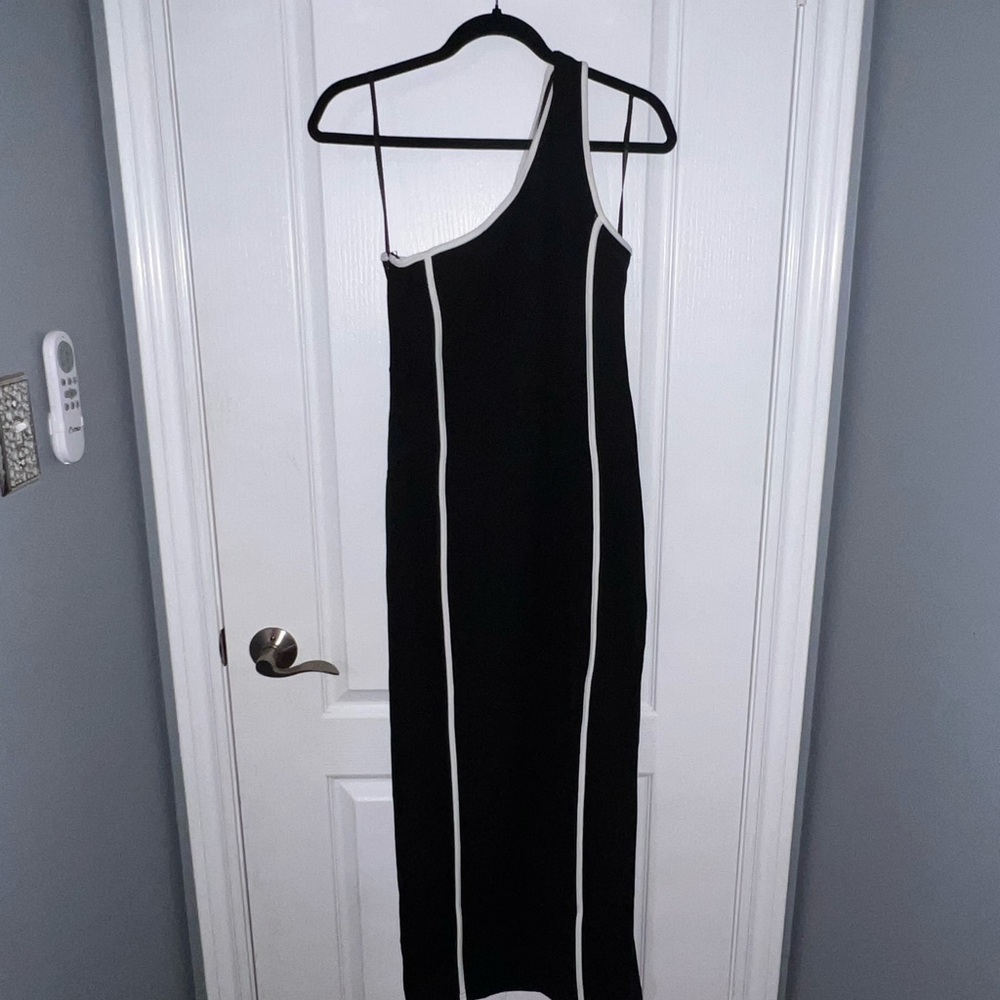 One-Shoulder Black Midi Dress with White Piping